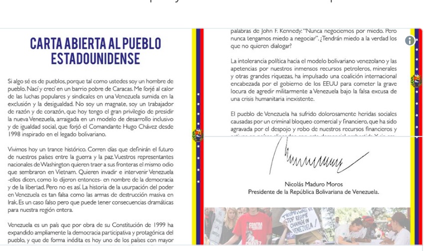 Venezuela : Lettre ouverte du Président Nicolás Maduro au peuple des Etats-Unis 